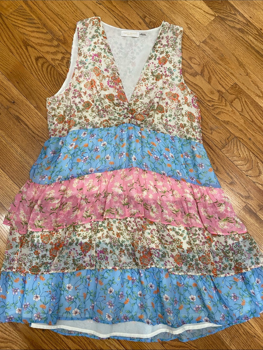 Ramy Brook 8 Floral Tiered V-Neck Sleeveless Dress — Pink, Blue, Cream